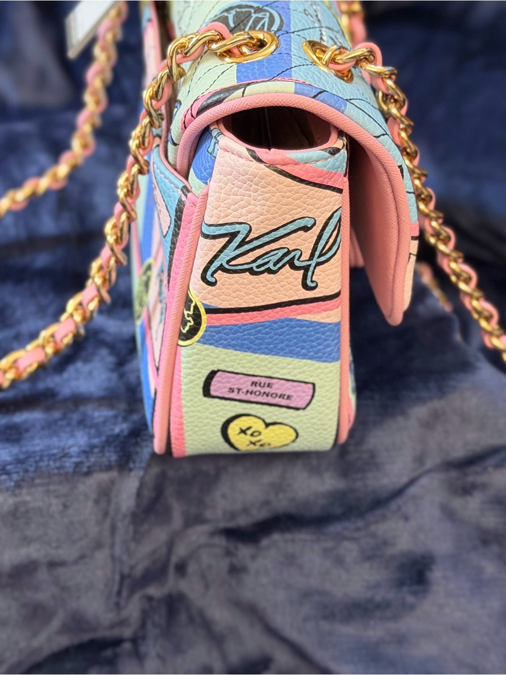 Karl Lagerfeld Pastel Pink Multicolor Paris Postcard Chain Shoulder Bag - Picture 7 of 8